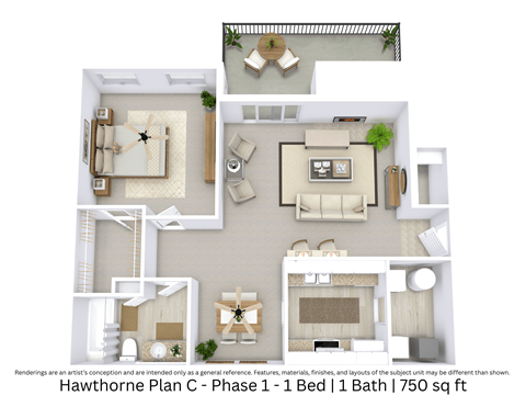 Floor plan for 1 bed, 1 bath, 750 sqft